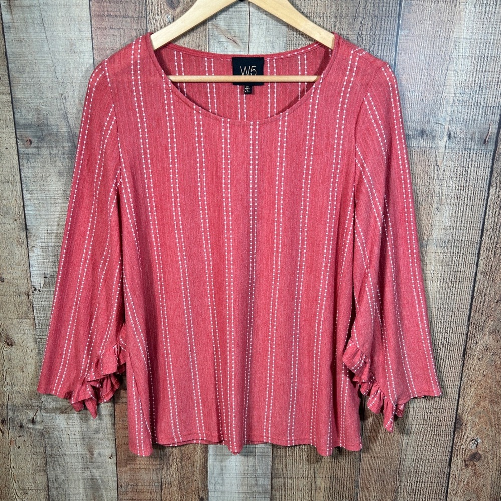 W5 Soft Red White Dotted Stripe Ruffle Sleeve Blouse Top XL Lightweight